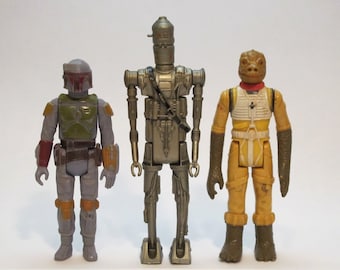 Vintage 1979 1980 Kenner Star Wars Boba Fett, IG-88, Bossk Bounty Hunters Trio Action Figures Made in Hong Kong Great Geek Gift