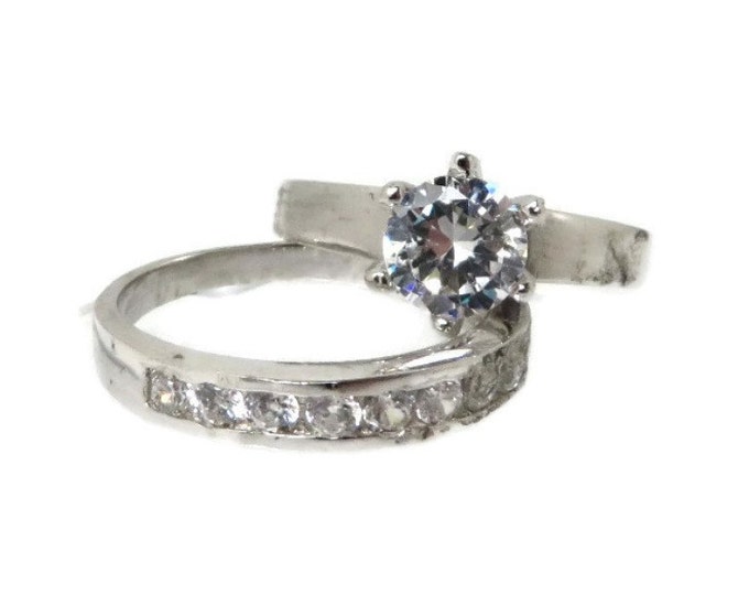 Vintage Topaz Wedding Ring Set, Sterling Silver Engagement Ring, Wedding Band, Size 7