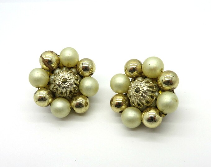 Faux Pearl Japan Earrings, Vintage Goldtone Bead Earrings, Cluster Clip-on Earrings