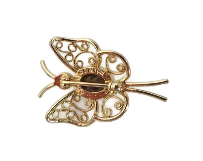 Tiger Eye Butterfly Pin - Vintage Sarah Coventry Wedding, Birthday, Insect Gold Tone Pin, Gift for Her