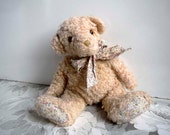 Vintage Cream Curly Mohair Teddy Bear with Floral Design Cotton Ribbon