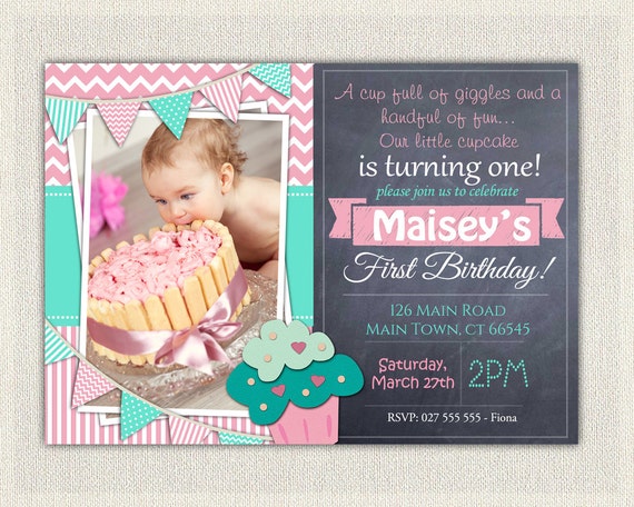 First Birthday Invitation Cupcake Girls 1st Birthday Invitation