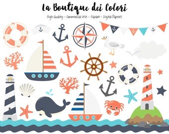 Vintage Nautical Clipart, Cute Vector Graphics, Sea, Sailing, Ocean, Anchor, Lighthouse, Sailboat, Whale, Compass Clip art, Commercial Use