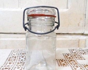 Wheaton Clear Glass Canning Jar with Wire Bale-Mini Glass Top-Rubber Seal-Locking Lid-Country Farm Chic Decor-Orphaned Treasure-090216E