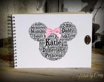 Personalised Disney Autograph Book, Scrapbook, Photo Album, Keepsake, Photo Book, Disneyland, Holiday, Paris/Florida, Minnie Mouse Bow
