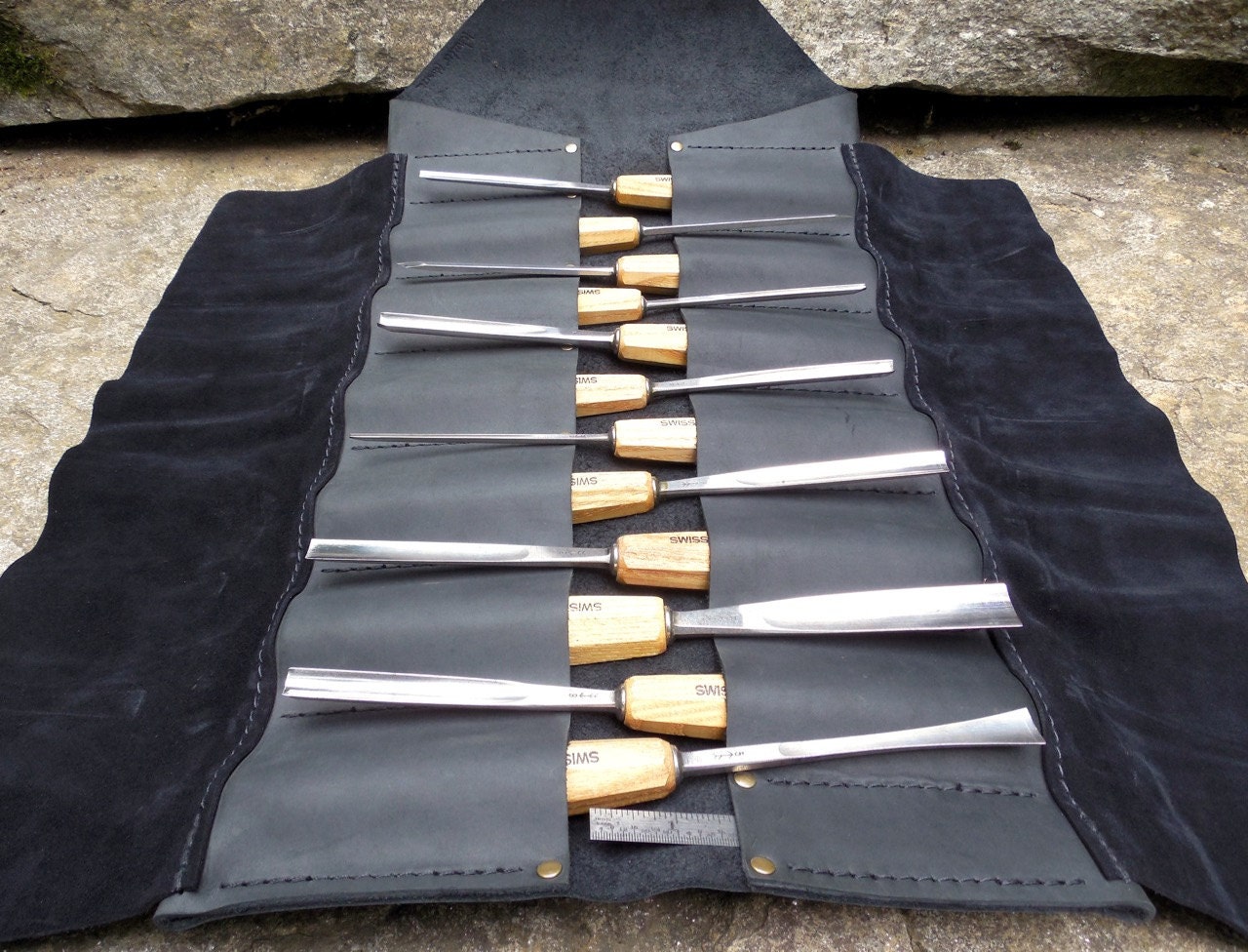 Leather Tool Roll Black perfect for carving tools chisels