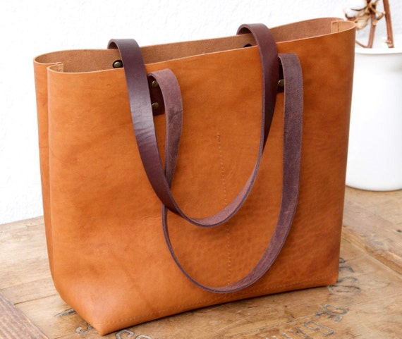 Camel Leather tote bag. Cap Sa Sal Bag with dark brown