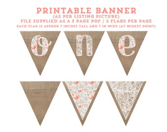 Spring 1st birthday banner, peach floral ONE banner, shabby high chair banner, printable highchair banner, photo prop banner, boho chic bday