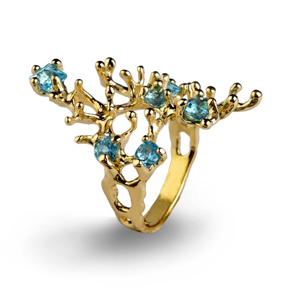 REEF Gold Blue Topaz Ring Gemstone Ring Gold by AroshaTaglia