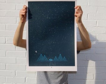 Night Mountains Screen Printed Poster | Silk Screen | Illustrated Hand Printed Forest Art Print | Outdoors Screen Print