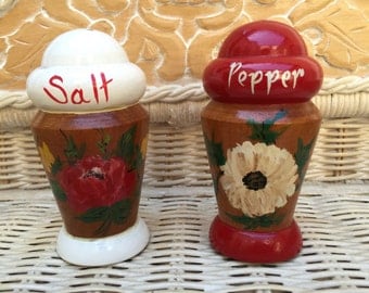 Vintage hand painted wooden salt and pepper shakers