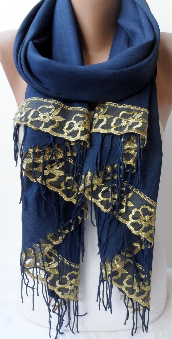 Navy Pashmina Shawls With French Lace Dark Blue By Elegancescarf