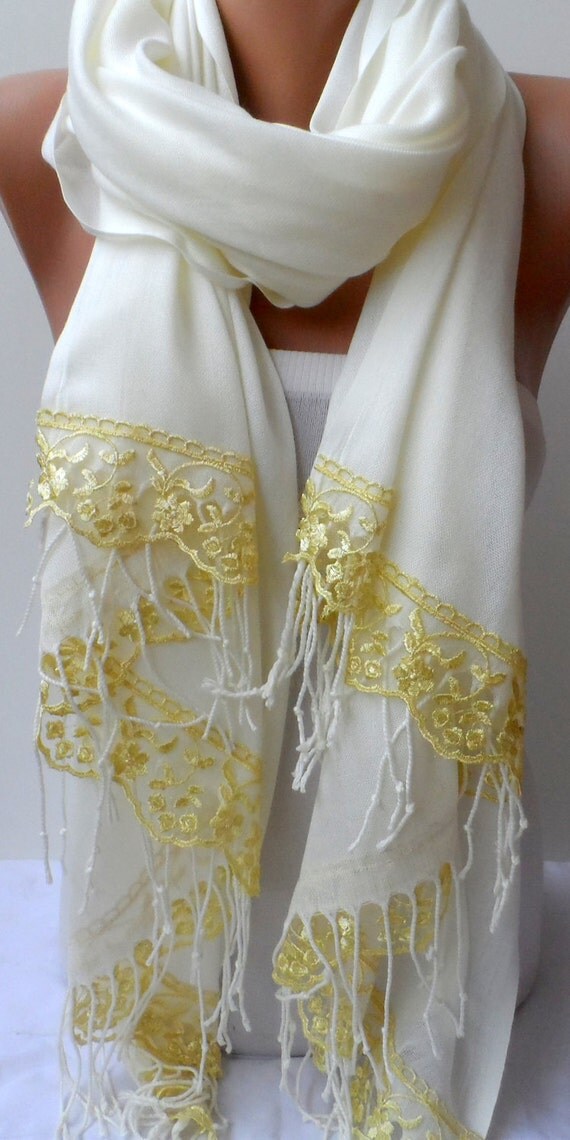 Gold Lace Cream pashmina shawls Soft Lightweight by elegancescarf