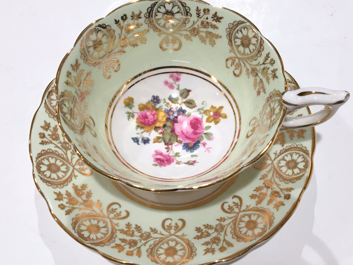 Royal Stafford Tea Cup and Saucer, Tea Set, Antique Teacups, Green Gold
