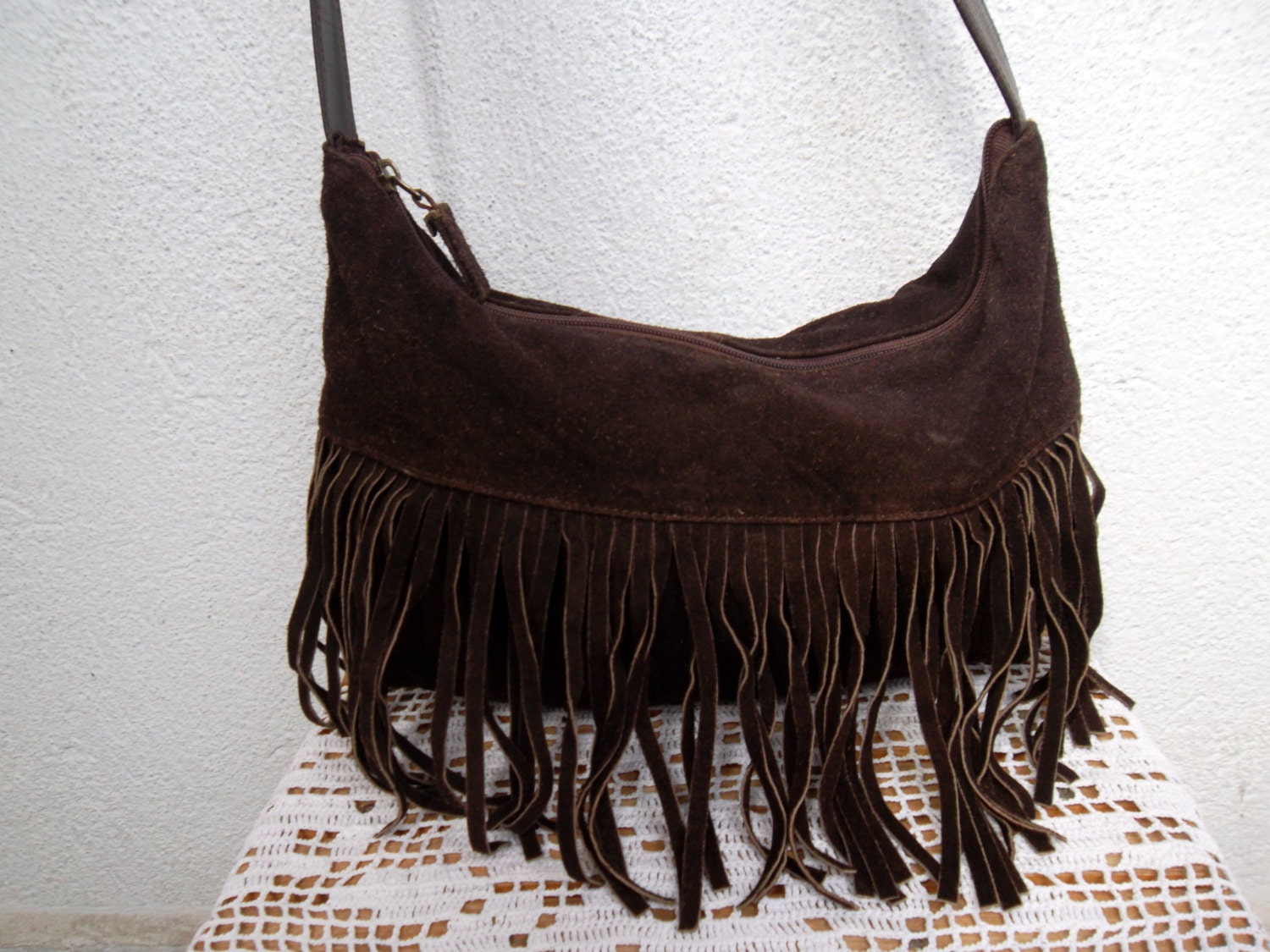 Fringed Hobo Bag Suede Leather Hippie Purse Brown Leather 7589