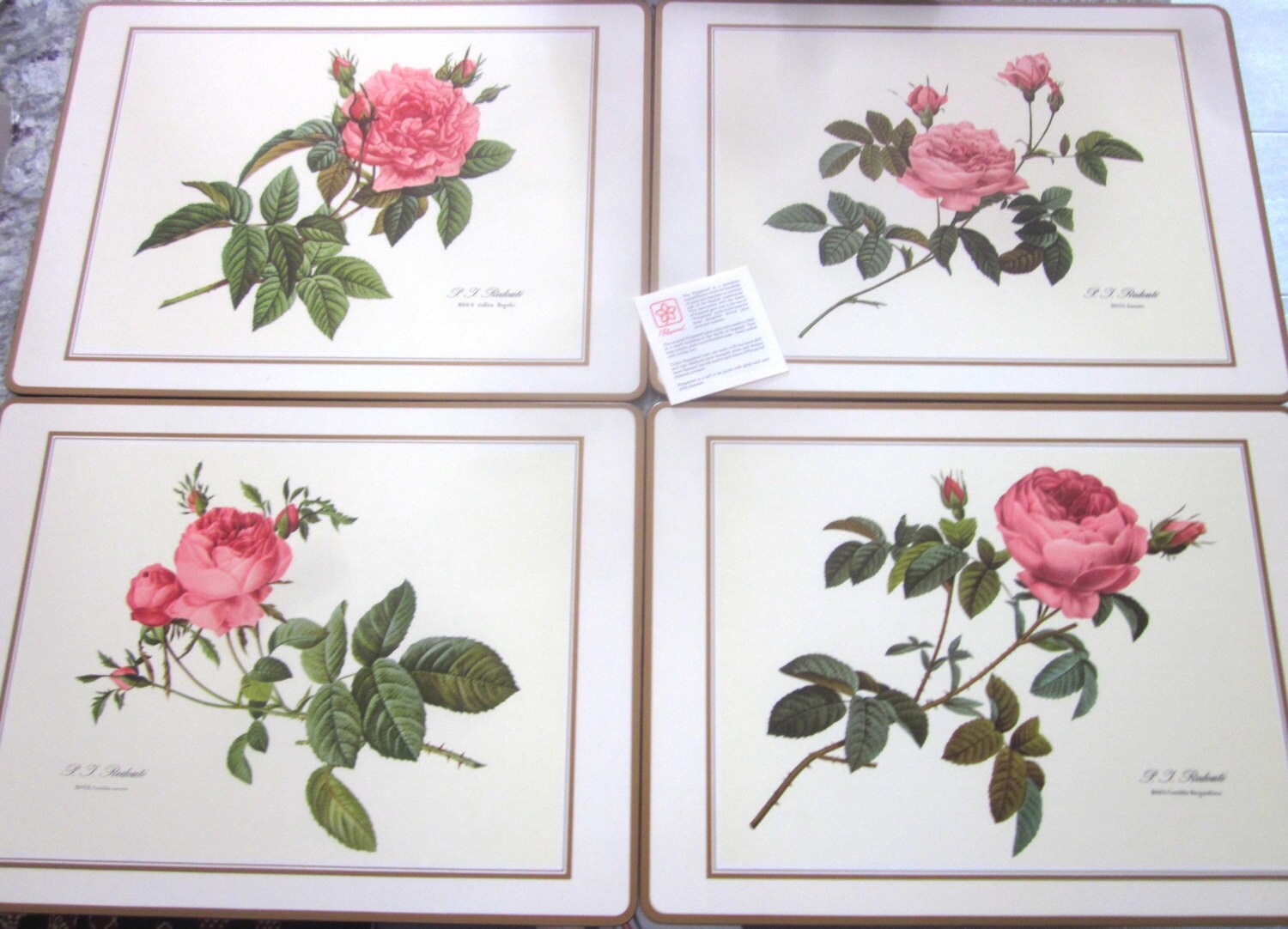 Four PIMPERNEL PJ Redoute Rose Placemats With Cork Bottom Made