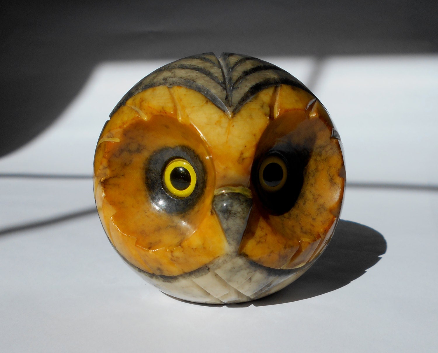 Vintage Large 70s Carved Marble Owl Head Paperweight Italy