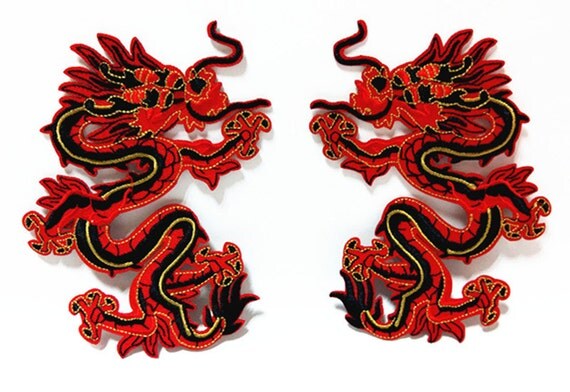 Chinese Style Red Black Dragon 10 x 12.5 cm Embroidered Iron
