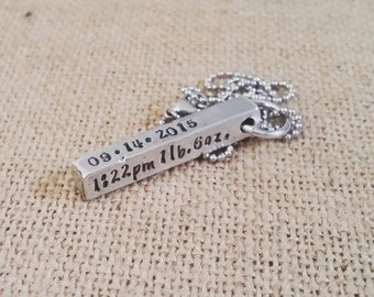 Hand Stamped Jewelry-Personalized necklace-Hand Stamped Pewter Pendants-Baby birth stats 4 sided bar necklace-New Mommy-Mother's Necklace