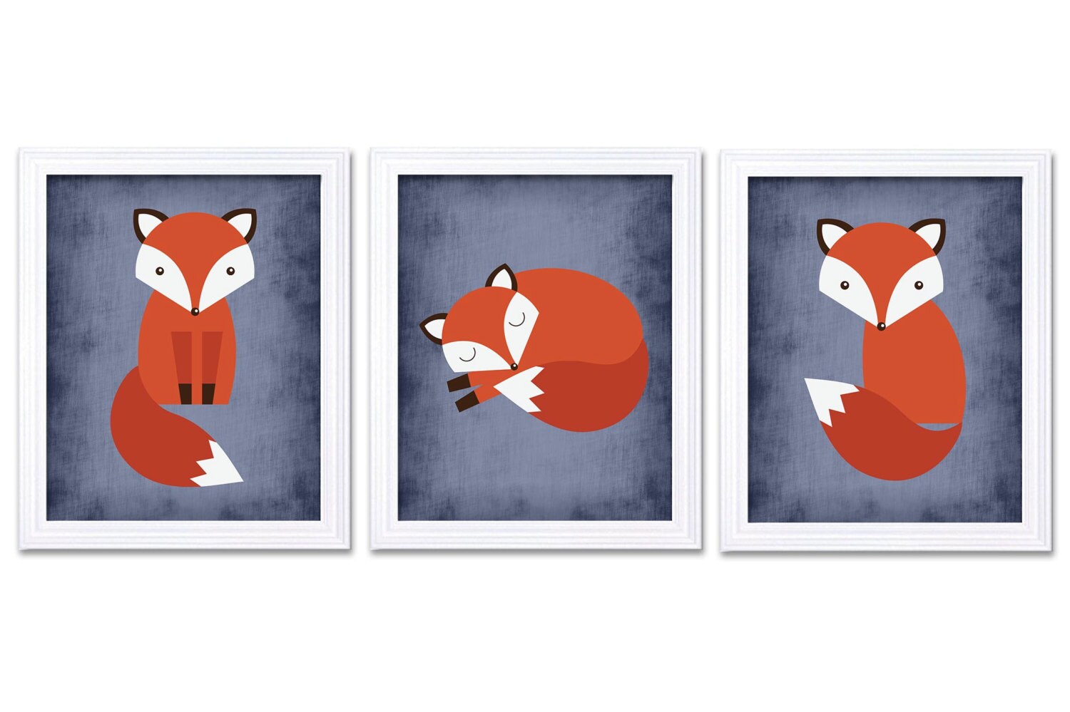 Fox Nursery Art Set of 3 Prints Red Orange Navy Blue Parchment Child Kid Boy Room Wall Decor Woodlan