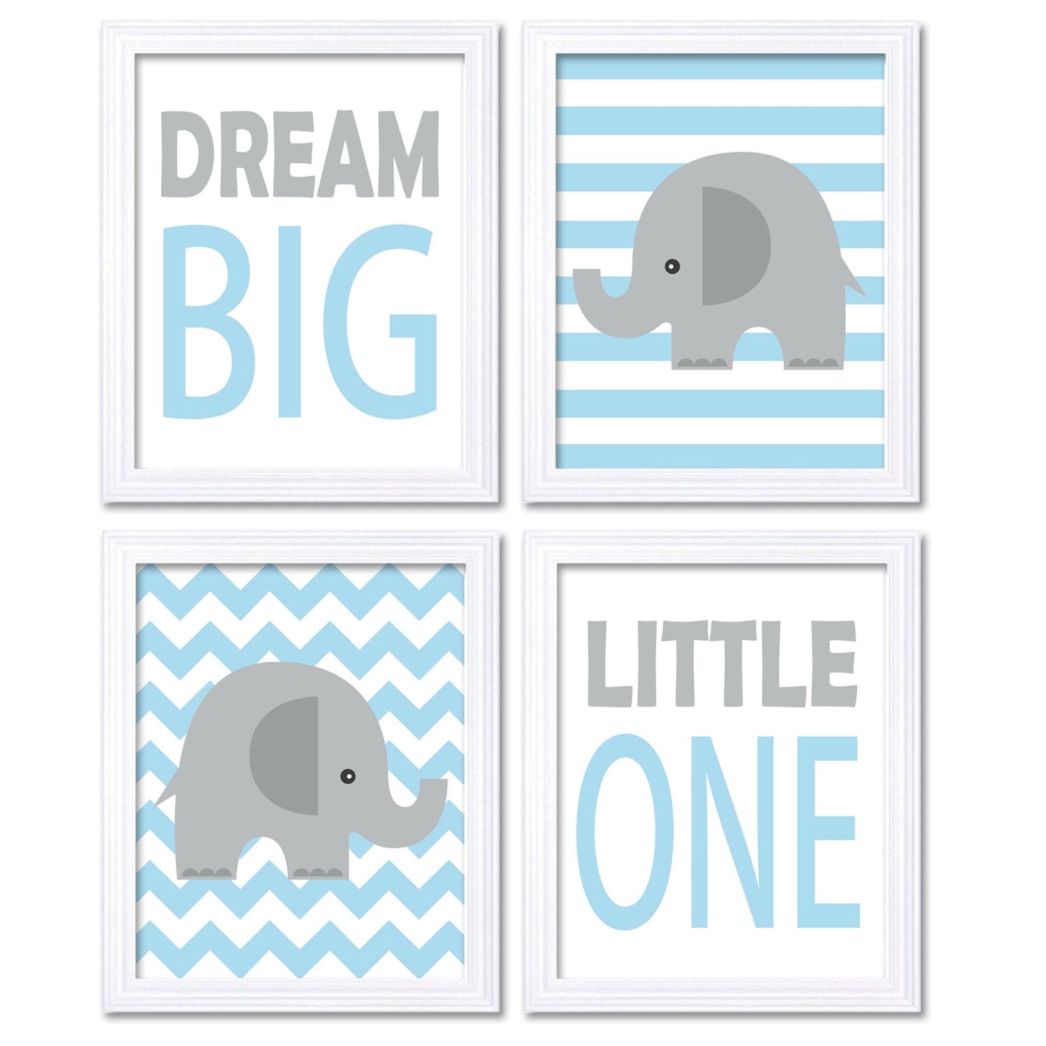 Blue Gray Grey Elephant Nursery Art Dream Big Little One Set of 4 Prints Stripes Chevron Child Kid R