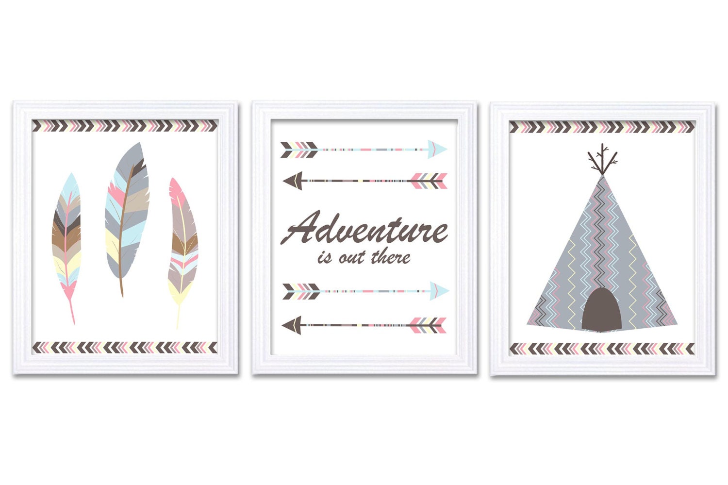 Tribal Nursery Art Print Set of 3 Wall Decor Adventure is Out There Teepee Tent Feather Arrow Grey B