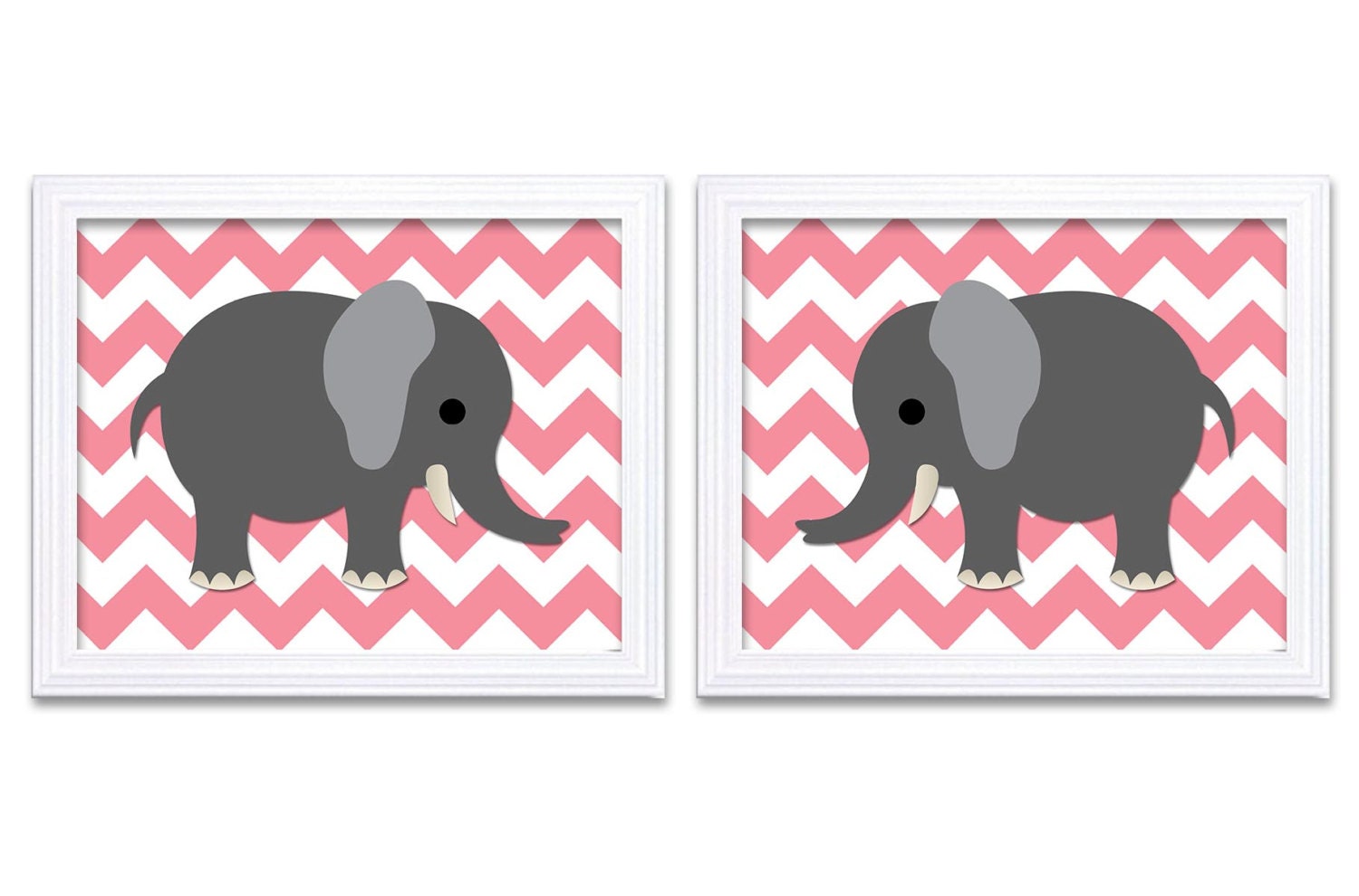 Pink Chevron Dark Grey Elephant Nursery Art Print Set of 2 Elephants Child Art Prints Girl Kids Room