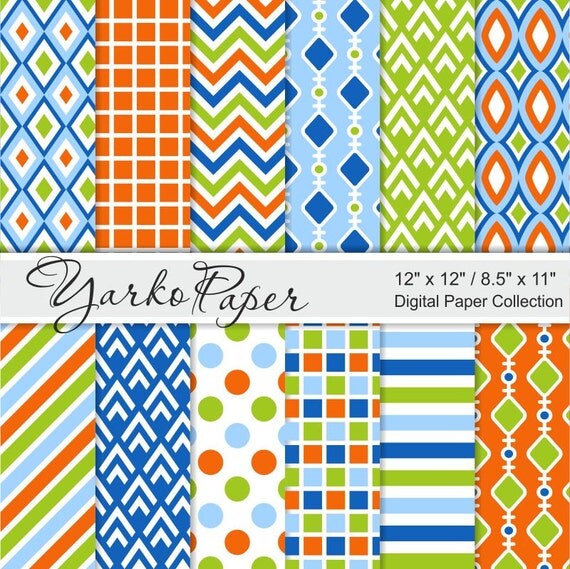 Blue Orange And Green Digital Paper Pack, Chevron, Polka Dot, Stripes ...