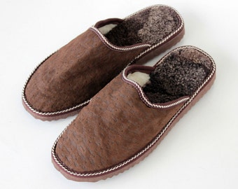 Mens Slippers, Brown Slippers, Handmade Slippers, Leather Slippers, Gift for Men, Sheepskin Slippers, Fur Slippers, Winter Slippers, Warm