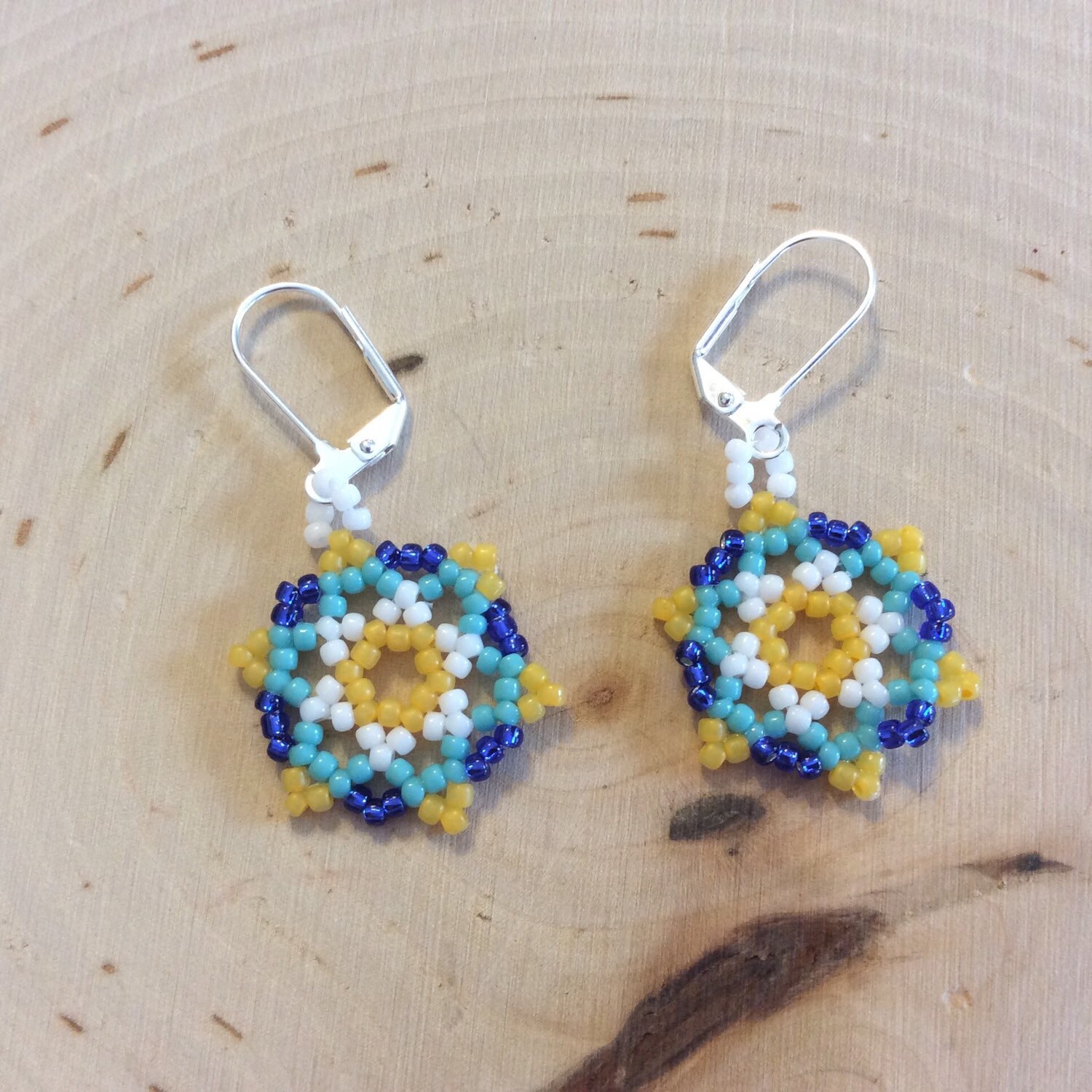 Seed Beaded Earrings Stars Blue white orange by Bead4Fun on Etsy