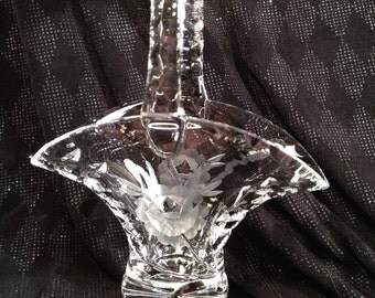 Small Etched Crystal Basket, Bride's Basket, Etched, Frosted Flower Basket with Faceted Handle, Gracefully Shaped Basket.