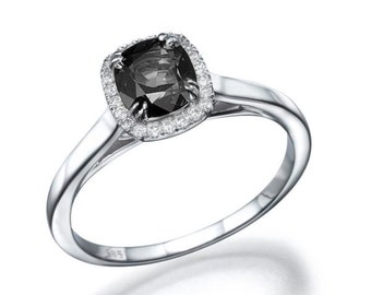 Platinum Diamond Ring Black Diamond Ring, Cushion Halo Engagement Ring, 1.75 TCW Black Diamond Engagement Ring, Vintage Rings