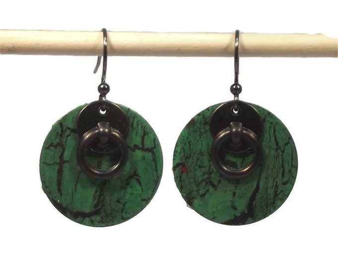 Hand Crackle Painted Green Door Knocker Dangle Drop Earrings, OOAK, One of a Kind, Nickle Free Ear Wires