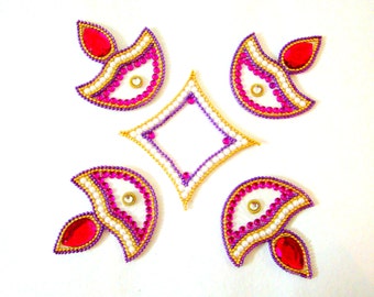 Rangoli Decorative Tiles Kundan Style Work White & Pink Home Decor Floor Decor Table Decor Indian Handicraft from Rajasthan in West India