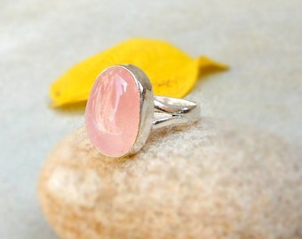 Pink Rose Quartz Ring Simple Ring Gemstone Rings Rose Quartz jewelry Rose Quartz Cabochon Silver Ring Gift Jewelry Quartz Ring size 5 6 7 8