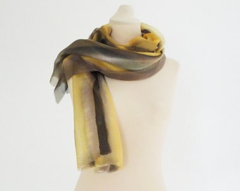 Hand painted silk scarf in golden yellow and brown