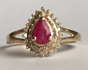 Vintage Ruby Ring. Diamond Halo. 14K Solid Yellow Gold Setting. Unique Engagement Ring. July Birthstone. 15th Anniversary. Estate Jewelry.