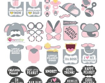 40 Adorable Elephant Girl Little Peanut Baby Shower Birthday Photo Booth Props - Pink and Gray - INSTANT DOWNLOAD DIY (Pdf)