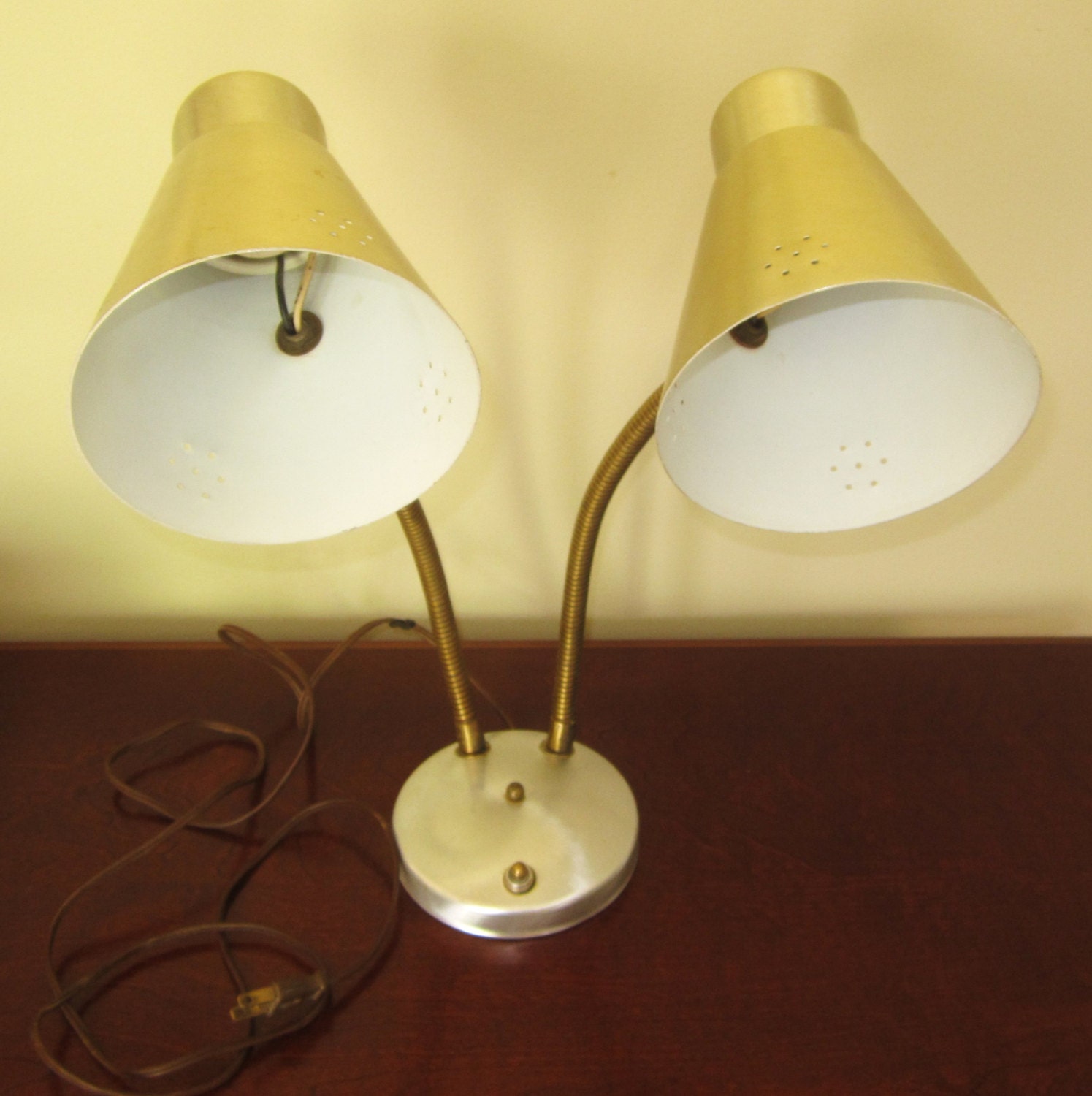 Vintage Double Gooseneck Cone Lamp Brushed Metal Brass Color