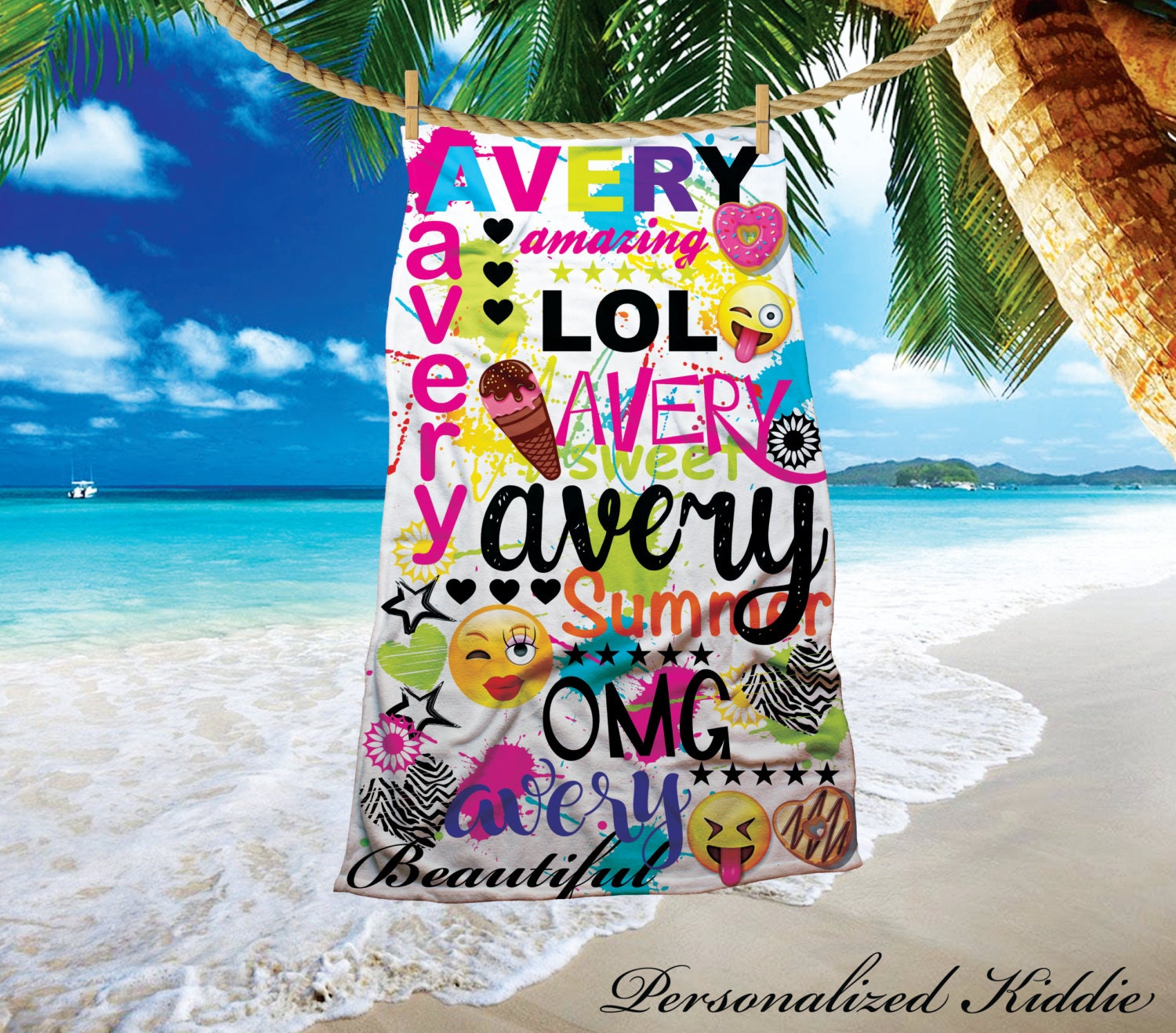 Personalized name beach towel 30 x60 beach towel emoji beach