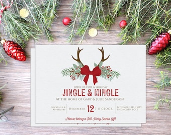 Holiday Party Invitation | Printable or Printed | Christmas Party | Jingle & Mingle | Antlers | Enveloeps Included