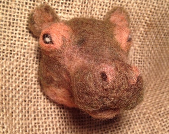 Hippo brooch - needle felted animal badge