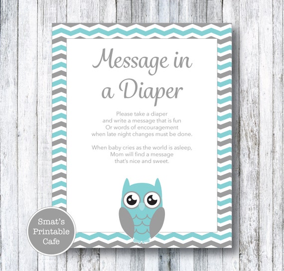 Teal Owl Baby Shower Diaper Message Game PRINTABLE Chevron