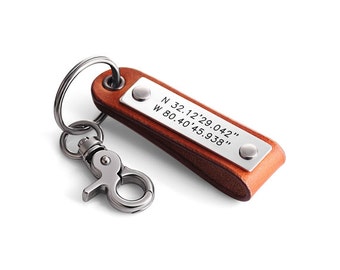 Personalized Leather Coordinates Key Chain - Mens Latitude Longitude Keychain