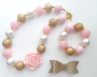 Gold & Light Pink Rose Baby Necklace, Girls Bubblegum Necklace, Pink Gold Toddler Necklace, Girls Gold Pink Cake Smash, Chunky Bead Necklace