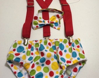 Birthday diaper cover, suspenders and bowtie, colorful dots, circus theme, first birthday