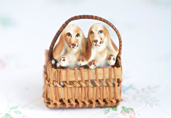 Basket of Dutch Hounds Miniature Porcelain Dog Puppies in