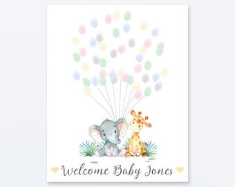 Baby Shower Fingerprint Guest Book - Elephant Giraffe Baby Shower - Personalized Alternative Guest Book - Fingerprint Tree - Jungle Friends