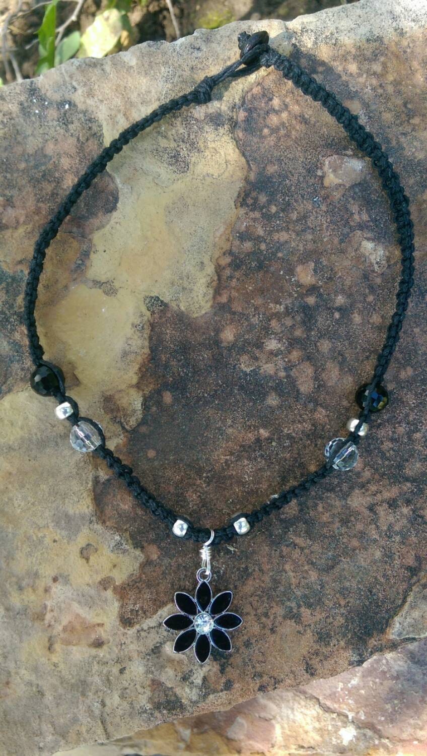 Kids Hemp Necklace Black Enamel Flower by CreativeEarthJeweler