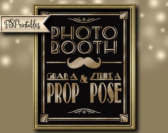 Printable Photo Booth -Art Deco Great Gatsby 1920's wedding theme - instant download digital file - DIY - black and glitter gold